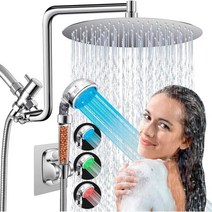 휴대용 스프레이가 장착된 12인치 레인 샤워 헤드 필터링된 고압 및 3개의 수온 LED 색상 조절이 가능한 조정 업그레이드 확장 암 절수 크롬, Silver