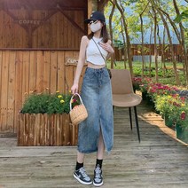 라쿤걸 하에웨이스트 슬림 미디 데님스커트 AW338