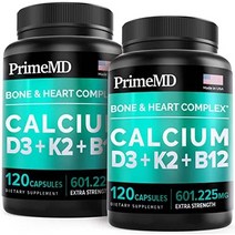 Primemd 4-in-1 칼슘 600mg 비타민 d3 k2 포함 여성용 칼슘 보충제 & 비타민 d 비 gmo 비건 b12 함유 남성 + 칼슘 - 뼈 강도 비타민 d3 k2 뼈, 120카운트(2개 팩)