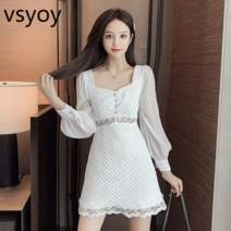 vsyoy 화이트 드레스 새로운 봄 부드러운 바람 여성 스퀘어 칼라 쉬폰 긴 소매 작은 기질 첫 사랑 스커트