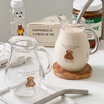 모카 곰돌이 유리저그 손잡이 유리컵 620ml+커브 스틸빨대 SET