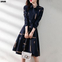 DFMEI 가을 칼라 색상 대비 간단한 기하학적 디자인 셔츠 중간 길이 드레스 여성