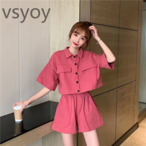 vsyoy 여름 새로운 반팔 캐주얼 슈트 여성 인터넷 연예인 스트리트 세련된 연령 감소 유행 반바지 투피스 세트