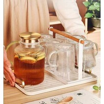 유리주전자세트 강화유리 물병컵 컵세트 주방 가정용 음료수 물, 투명 원형 세로무늬 냄비 1800ML