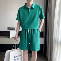 박시반팔티 TZ022 산들바람 청년 카라셔츠 t셔츠 남자 트렌드 와이드 루즈핏 솔리드 무지 반바지 한세트 4995671285