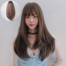 Routop 여성 가발 긴발 잔머리 디자인 머리둘레 조절 가능 무광 머릿결 가발망 거치대 세트 헤어핀 빗 포함 65CM, 핑크