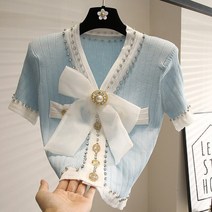 여성봄점퍼 얇은패딩 야구 야상 아우터 탑 여성 니트 팜므 패션 v넥 긴 소매 럭셔리 구슬 장식 나비 넥니트 카디건 스웨터