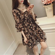 S-4XL 여성용 여름 원피스 스트랩 브이넥 반팔 플레어 소매 및 무릎 시폰 미니 플라워 원피스