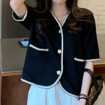 블랙 여성 노카라 금장버튼 트위드 반팔 가디건 자켓 봄 여름코디 금장버튼 여자 패션 추천