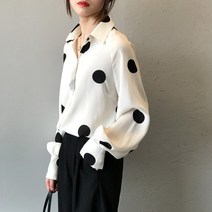 영메이 YM23093A 여성용 봄 여름 땡땡이 디자인 블라우스 긴팔 셔츠
