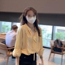 WHR 여성 블라우스 스트링 무지 파스텔톤 남방 셔츠 데일리 면접룩 봄가을