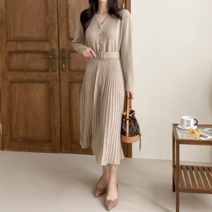 플랩 플랩 니트 벨트셋 주름 원피스