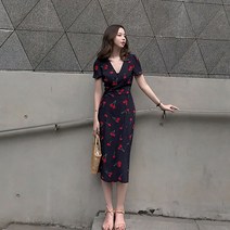 ◐고질라◑여자 시원한 소재 V라인 네이비 프린팅 랩원피스 네이비원피스 랩치마 여름원피스 대학생코디 여자치마◐comcom◑