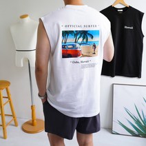 남자 오버핏 해변 프린팅 여름 하와이 민소매 나시 티셔츠
