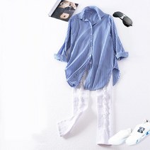 여자 여름 마린 스트라이프 롱 블라우스 나들이룩 여성블라우스남방 출근복