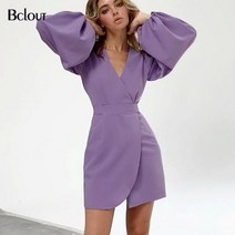 우아한 빈티지 스타일의 폴리에스테르 브이넥 슬림 원피스 여성용 녹색 퍼프 소매 불규칙한 미니 가을