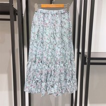 플라워 꽃무늬 스커트 치마 봄 트렌디 밴딩 프린트 플리츠 레이디스 미드 렝스