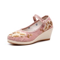 여성 로우탑 여름숏부츠 중국 스타일 레트로 웨지 얕은 버클 스트랩 자수 캔버스 1