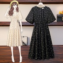 원피스 하객룩 빈티지 캐주얼 빅사이즈 허리를 표시 슬림 물방울 무늬 쉬폰 프렌치 대형 반팔 연령 감소 미디 스커트