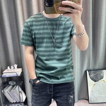 스트라이프 반팔 티 남 여름 남자 텐셀 면 린넨 반팔 티셔츠 고급 남성복 옷