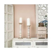 NIKKY HOME 농가 기둥 캔들 홀더 2개 세트 고민된 흰색 망고 나무 장식 촛대 벽난로용 맨틀 센터피스 거실 식당 테이블