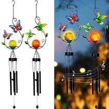 MAGGIFT 2팩 태양열 야외 윈드 차임 금속 나비 & 벌새 따뜻한 화이트 LED 글로브 글라스 마당 정원용 이동식 장식 파티오 조명 엄마 여성 아내를 위한 선물