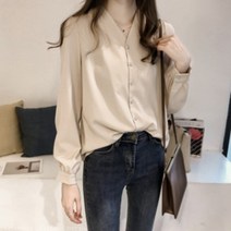 봄 가을 오피스 룩 회사 출근 슬림 핏 여성 코디 베이직 예쁜 부드러운 페미닌 스타일 남방 여자 노카라 쉬폰 셔링 데일리 긴팔 퍼프 소매 큰 아이보리 기본 셔츠 블라우스 3컬러