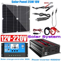 태양열 발전기 패널 110V/220V 태양 전지 시스템 18V25W 30A 충전 컨트롤러 4000W 자동차 태양광 인버터 키트 완전한 발전 키트, 02 12V to 220V - Black