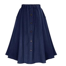 롱청치마 코디 데님 플리츠 스커트 패션 프레피 스타일 솔리드 컬러 롱 여성용 자연 허리 큰 밑단 캐주얼 버튼 진