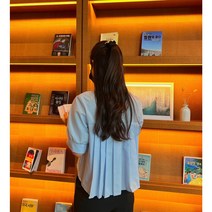 뒷주름 퍼프소매 언발 벌룬 반팔 셔츠 프릴 데님 소라색 블라우스