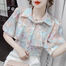 꽃 쉬폰 반팔 셔츠 진주 러플 여성용 여름