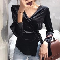 T-셔츠 여성의 유럽 역 검은 디자인 감각은 꽉 허리 묶인 셔츠 플러스 크기 V-목 PLEUCHE 외부 착용하실 수 있습니다