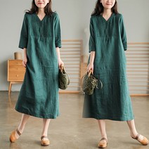 아이엠몽 여성용 빅사이즈 주름 브레스트 린넨 시원한 브이넥 롱 원피스