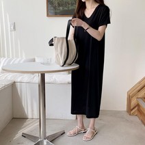 여자 브이넥 루즈핏 임부복 스판 무지 반팔 롱원피스