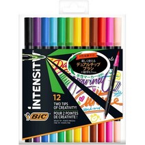 일본직발송 3. BIC 재팬 빅(BIC) 수성 펜 붓 펜 색칠하기 책 색 세트 INTENSITY 듀얼 칩 마커 12색 ITS-DU, One Size, One Color