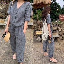 더옷장 체크브이 린넨점프수트