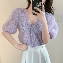 분위기 입체 꽃 장식 시폰 긴팔 셔츠캐주얼 하이웨이스트 통바지 여름 원피스 블라우스 자켓 여성 캐쥬얼 플리츠 데일리룩