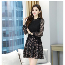 채윤러브 chaeyoon love 여성 가을 레이스 레이어드 플라워 쉬폰 미니 원피스