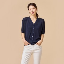 [JAJU/자주] 여 리넨 블렌디드 워셔블 반팔 가디건_네이비