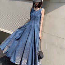 자칠 여름 데님 드레스 민소매 빅 슬리브 얇은 여성 스퀘어넥 청 나시 롱 원피스