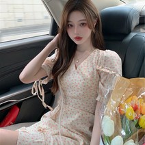 행보물관 여성 브이넥 퍼프소매 퓨어 기질 첫사랑 작은 키 반팔 편한 롱 원피스 빅사이즈 mCTX09