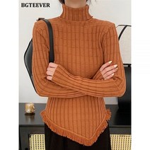 BGTEEVER 세련된 술 풀오버 스웨터 우아한 슬림 터틀넥 긴 소매 여성 스키니 니트 탑