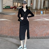 봄 드레스 여성의 새로운 긴팔 슬림 슬림 캐주얼 스커트 허리 롱 스커트 봄과 가을 후드 스웨터 드레스 제시뉴욕원피스 드레스렌탈 퀸잇 봄원피스 상견례옷차림