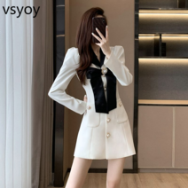 vsyoy 작은 향기로운 스타일 짧은 드레스 2023 봄과 가을 드레스 새로운 작은 여성 화이트 활 드레스