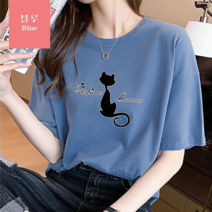 스타일아유 오버핏 면100% 고양이 반팔티 여성용 빅사이즈 박시 반팔티셔츠 반팔 티셔츠 자체생산 AYG6TS384A