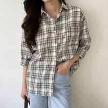 네쥬 여성 봄 가을 오버핏 체크 패턴 캐주얼 셔츠