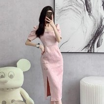 중국 전통 치포우 여름 반팔 어깨퍼프 롱 원피스 핑크