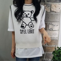상상그이상 여성용 곰돌이 니트조끼 20수 고급 구김없는 촉감좋은 면티셔츠 코디세트 스티치 포인트 사이즈좋은 프린팅 자수 레이어드 베스트 사계절 데일리템