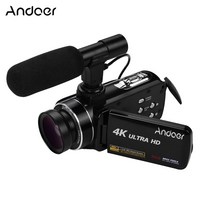 Andoer 4K 디지털 캠코더   NP-40 리튬배터리 1개   0.45X 광각/마이크로렌즈   셋톱마이크, 블랙