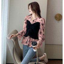 100137C 레이어드 검정패턴 무늬 허리 슬림 셔츠 블라우스
